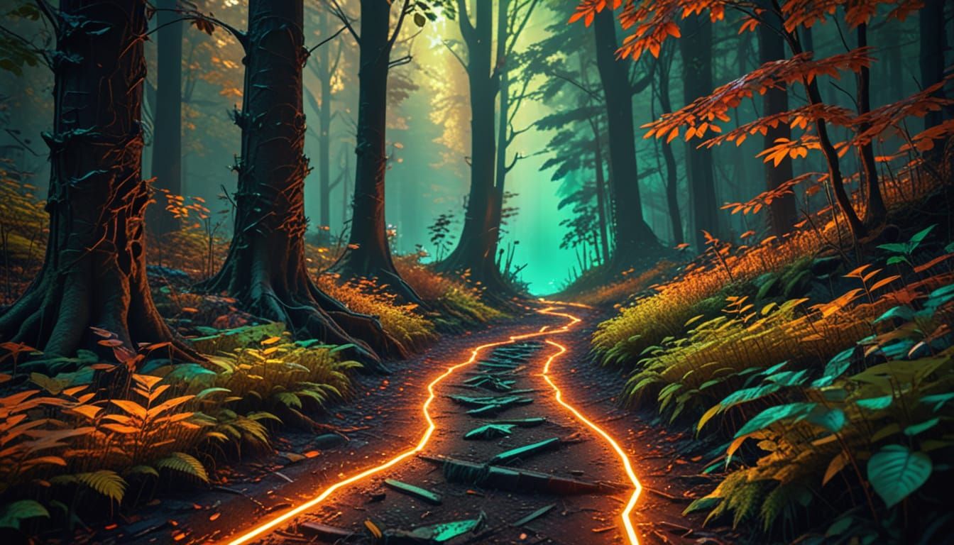 Neon Cyberpunk Forest Path in Autumn