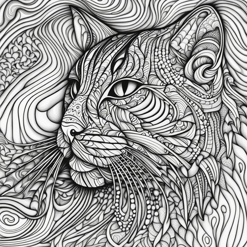 Hypnotic Cat Zentangle Line Drawing