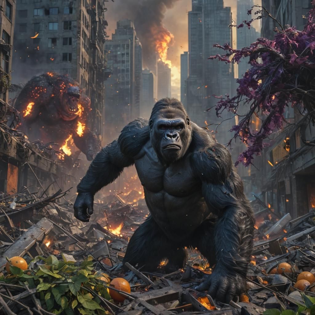 Enraged Gorilla Battles in War-Torn Cityscape