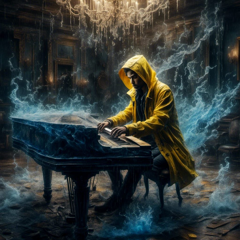 Ominous Piano Player in Stormy Seas, Digital Art