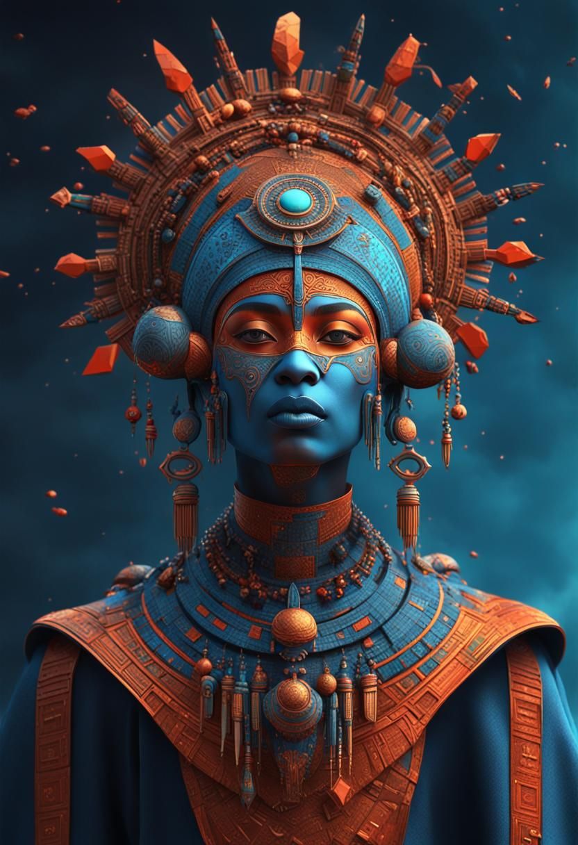 Techno-Shamanistic Egyptian 3D Model in Afrofuturist Style