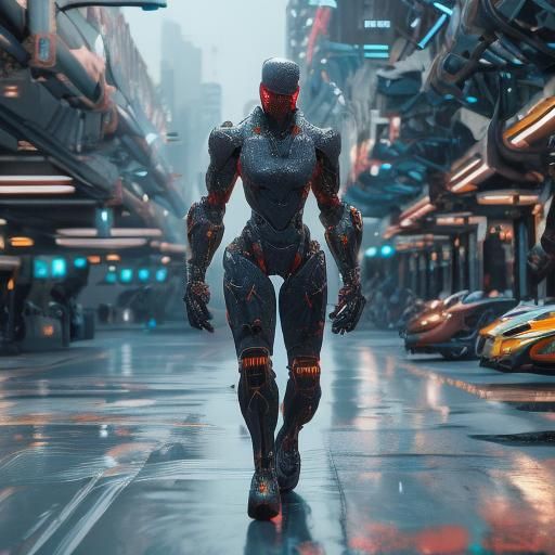 Mechanoid Skateboarder in Sci-Fi Cityscape