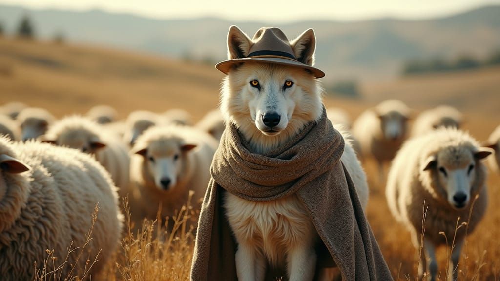 Majestic White Wolf in Shepherd's Cloak Protects Flock