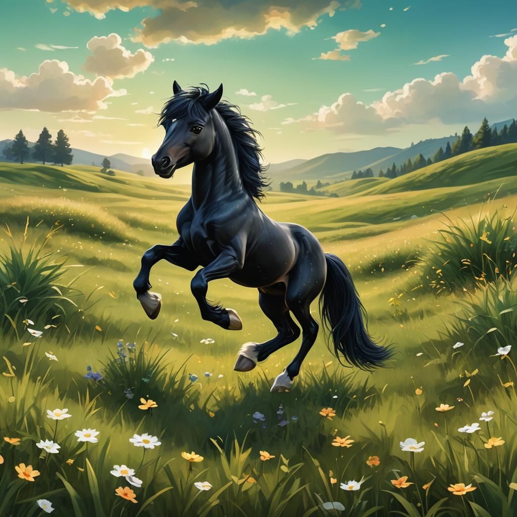 Black Foal Frolicking in Sunny Meadow: 3D Render