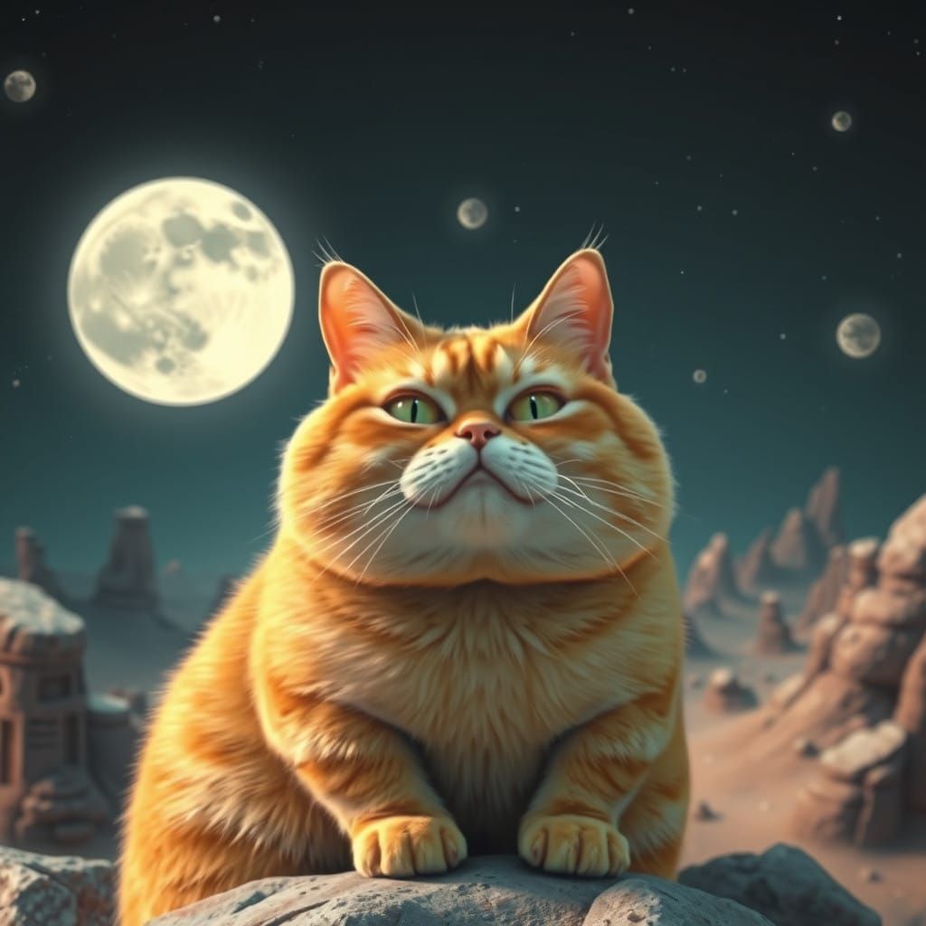 Surreal Orange Cat in Retrofuturistic Moonscape