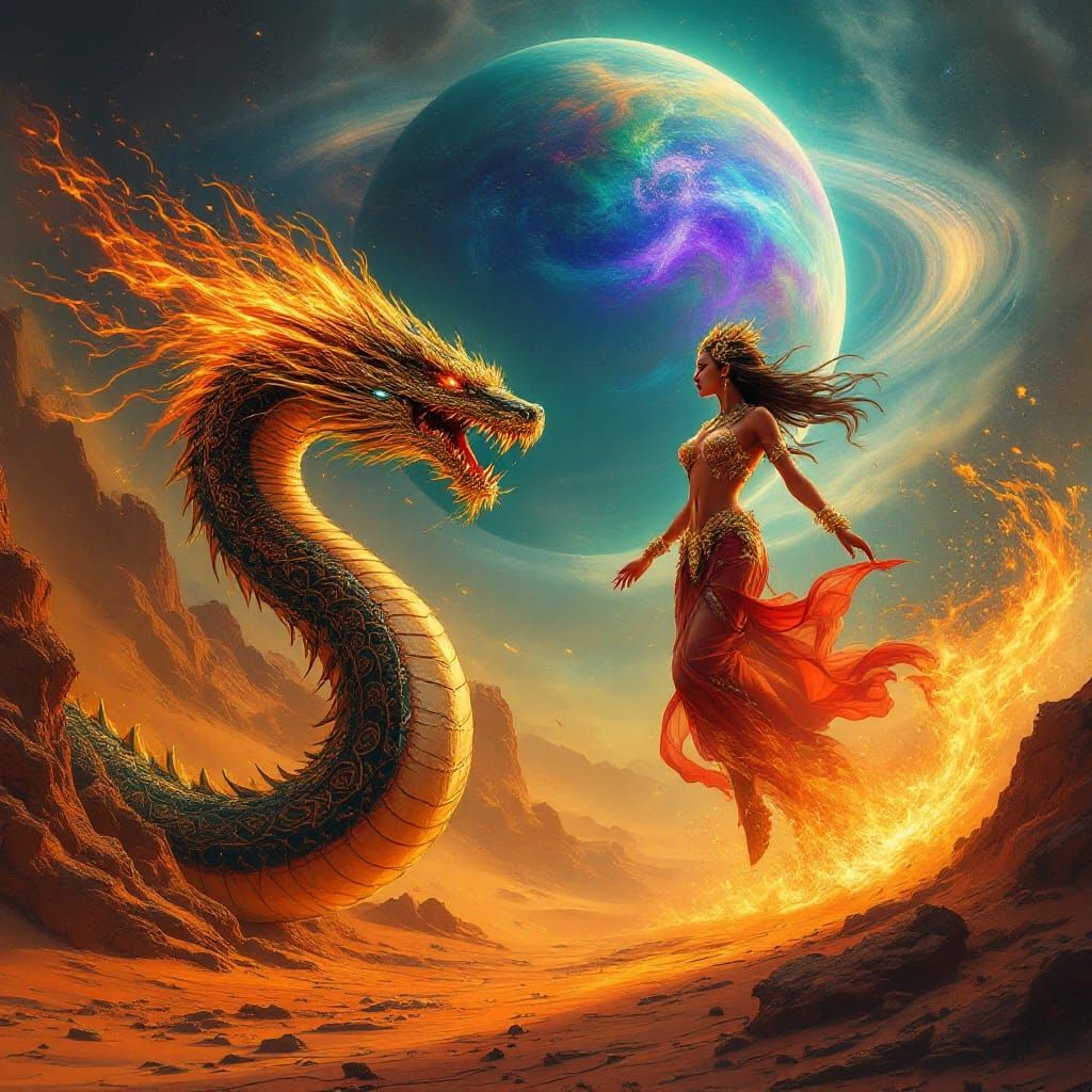 Fiery Cobra Goddess Rises from Desert Inferno in Cyberpunk F...