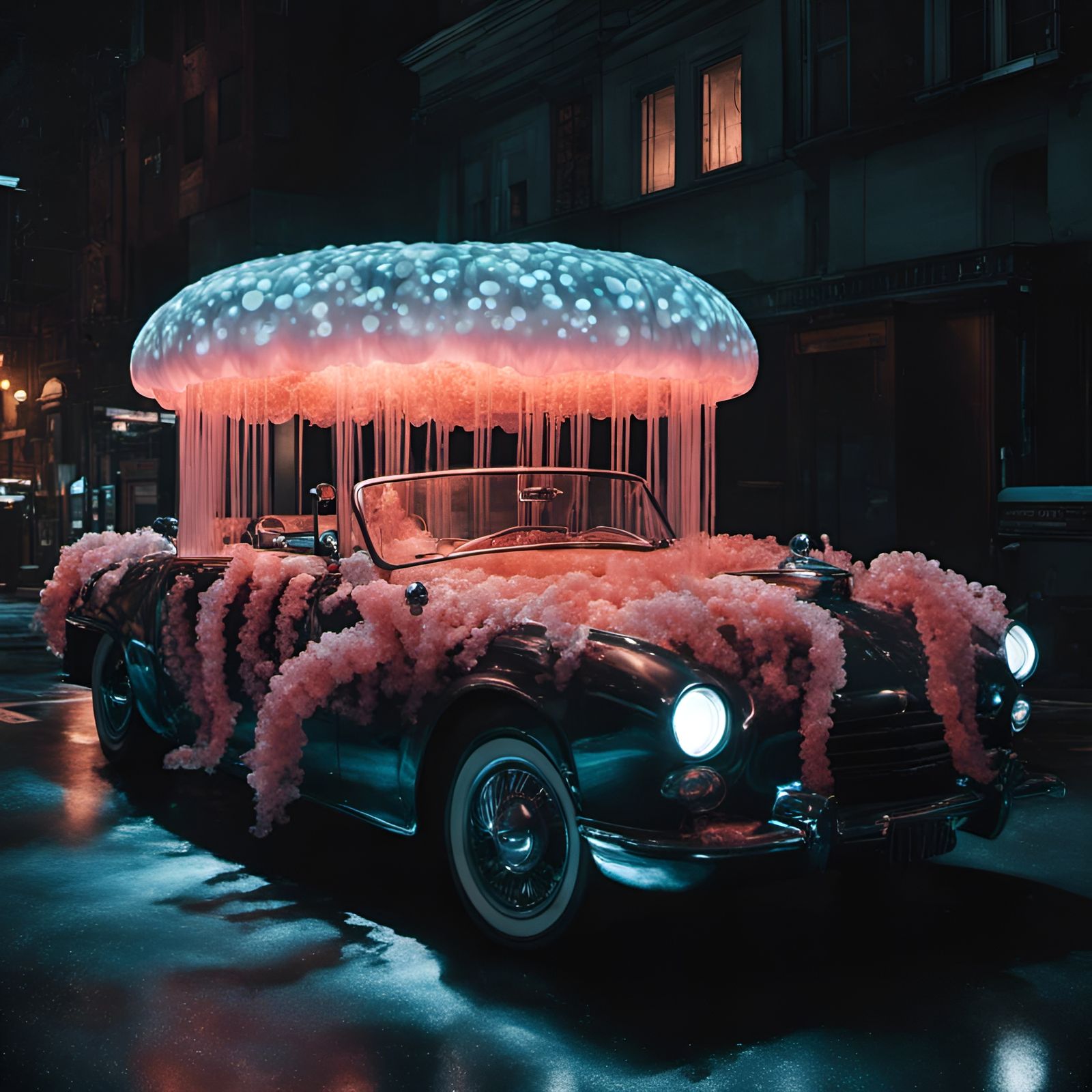 Glowing Jellyfish Car in the Dark: Hyperrealistic Photograph...