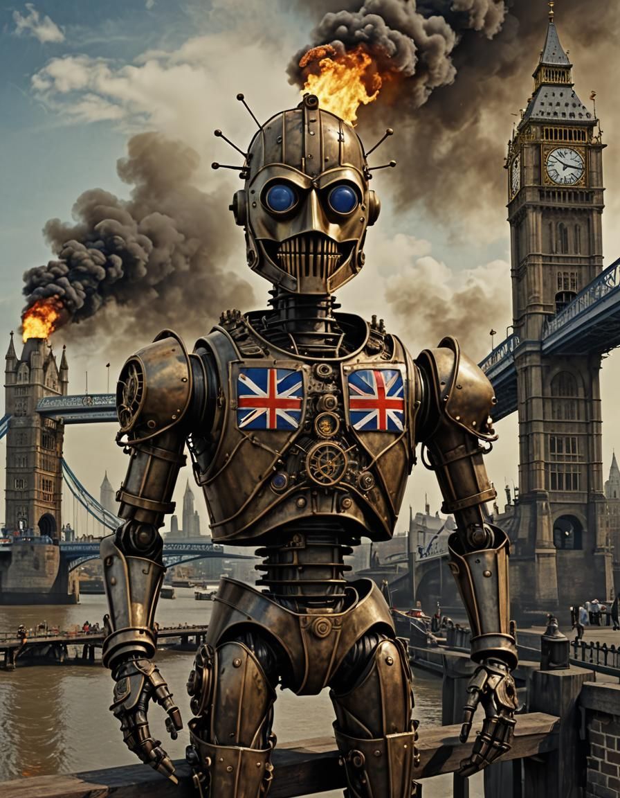 Steampunk Robot on Post-Apocalyptic London Bridge