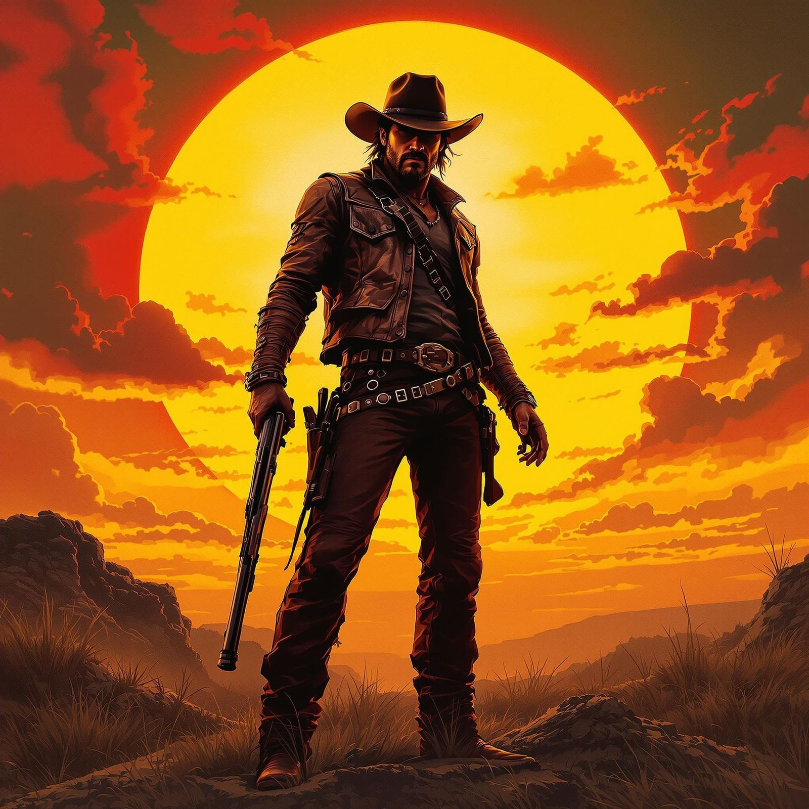 Heroic Outlaw at Sunrise: Cinematic Western Aesthetic