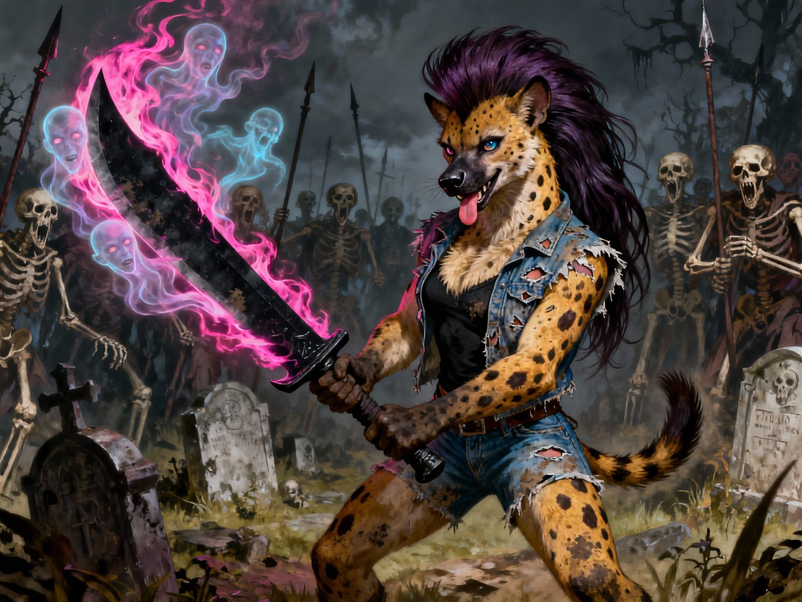 Dark Fantasy She-Hyena Wields Fiery Claymore in Graveyard