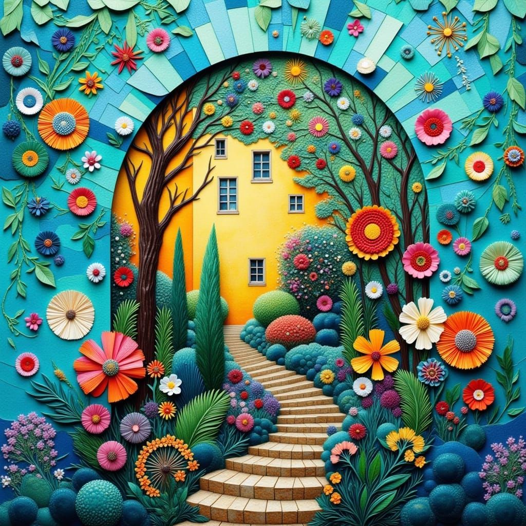 Vibrant Abstract Italian Courtyard Scene in Mixed Media Art ...