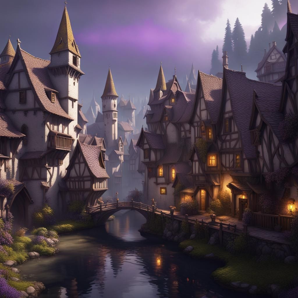 Sinister Medieval Village in Dark Fantasy Concept Art