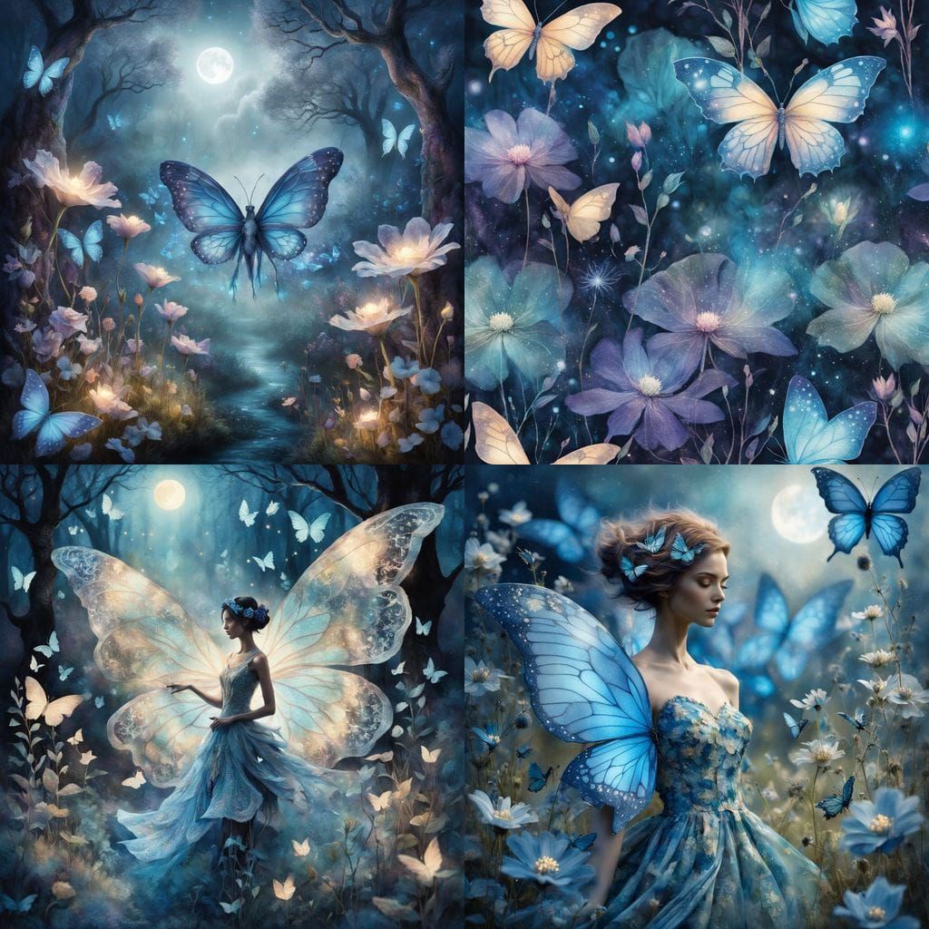 Pixie in a Floral Meadow with Blue Butterfly Wings and Fabri...