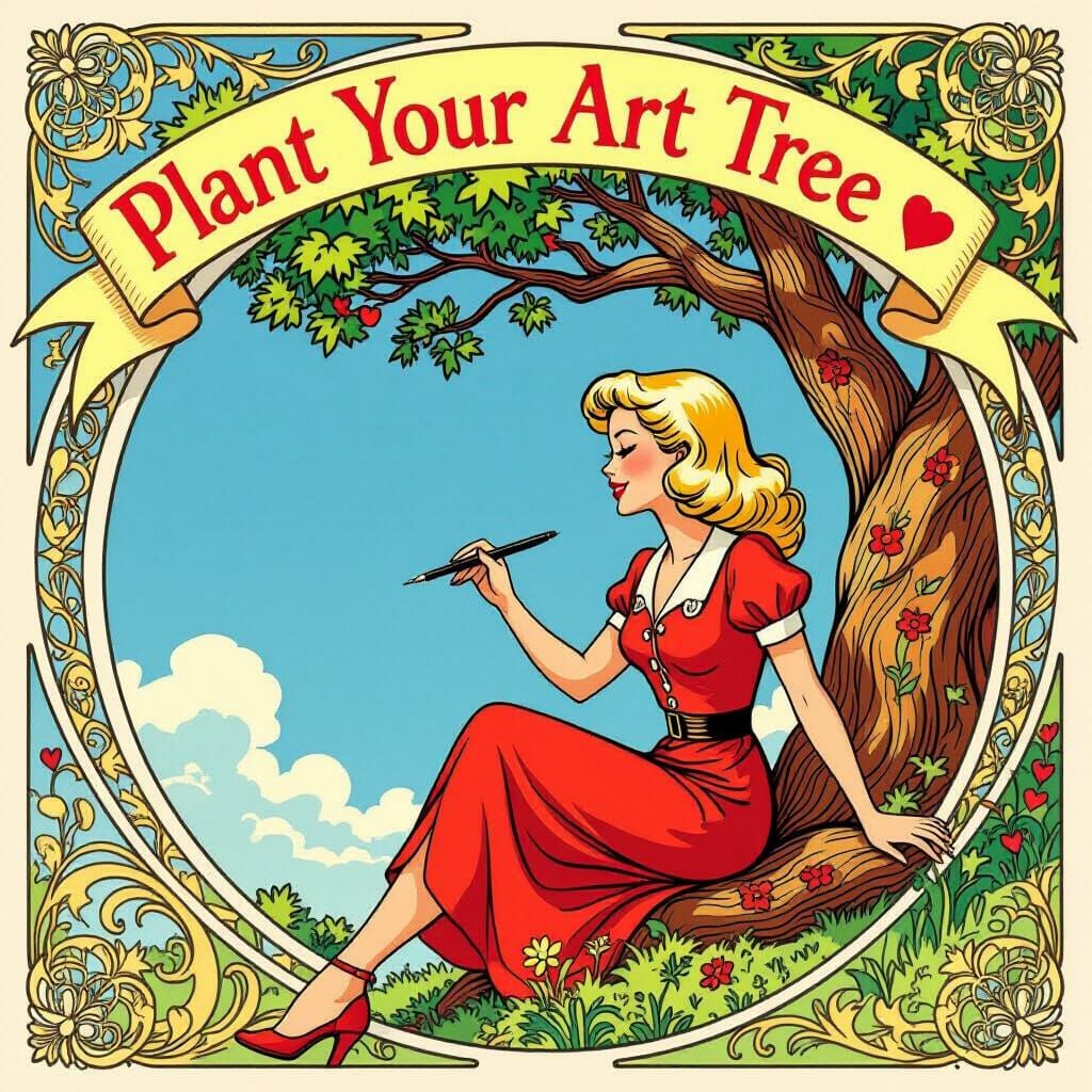 Art Nouveau Comic of Woman Writing on Blooming Tree
