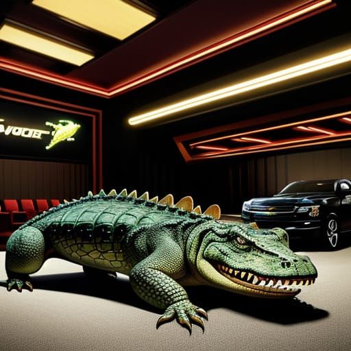 Surreal Scene of a Chevrolet in a Crocodile's Mouth