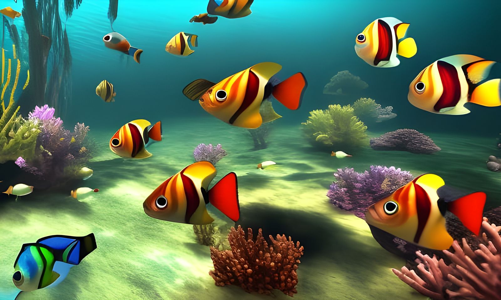 Exotic Fish School Near Coral Reef in 3D