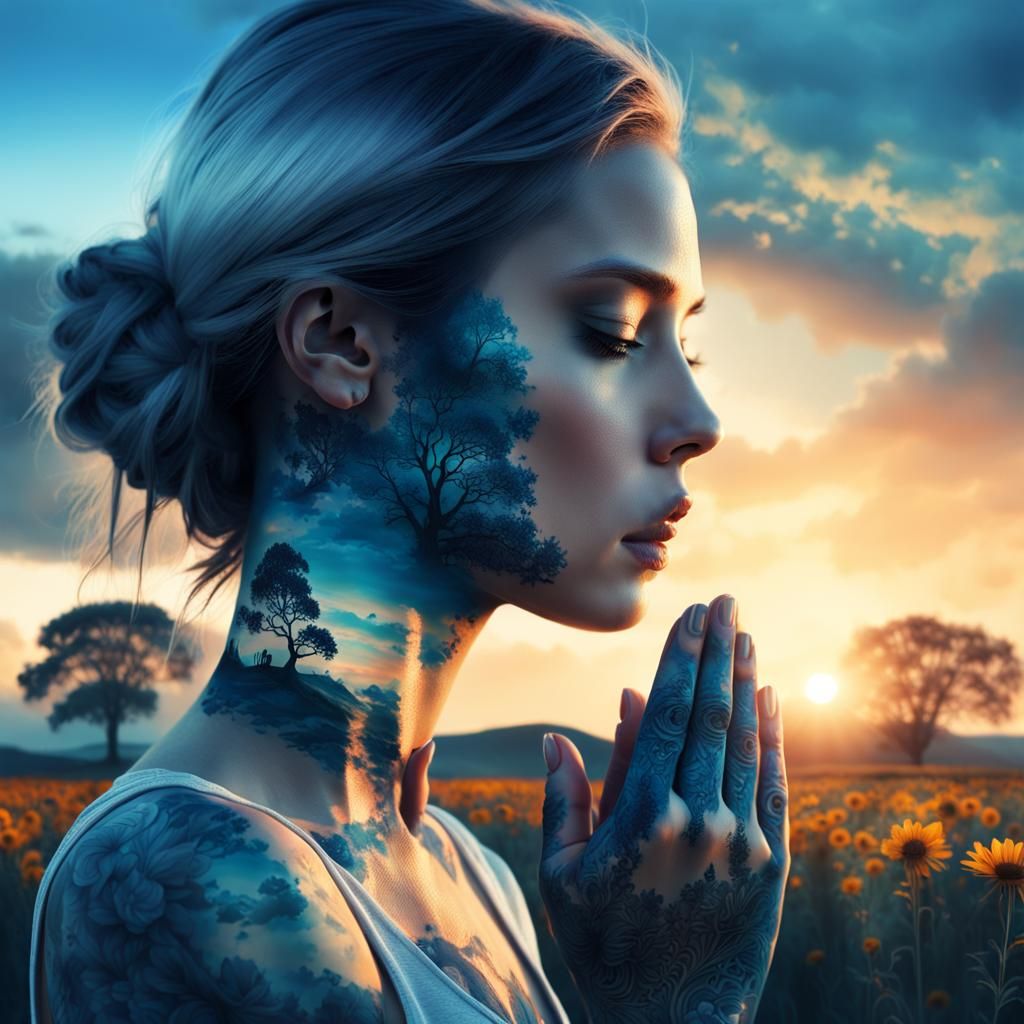 Girl in Prayer with Floral Landscape Double Exposure