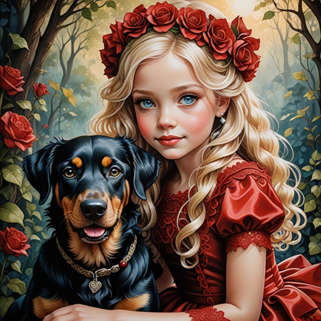 Whimsical Portrait of a Girl and Her Loyal Doberman Companio...