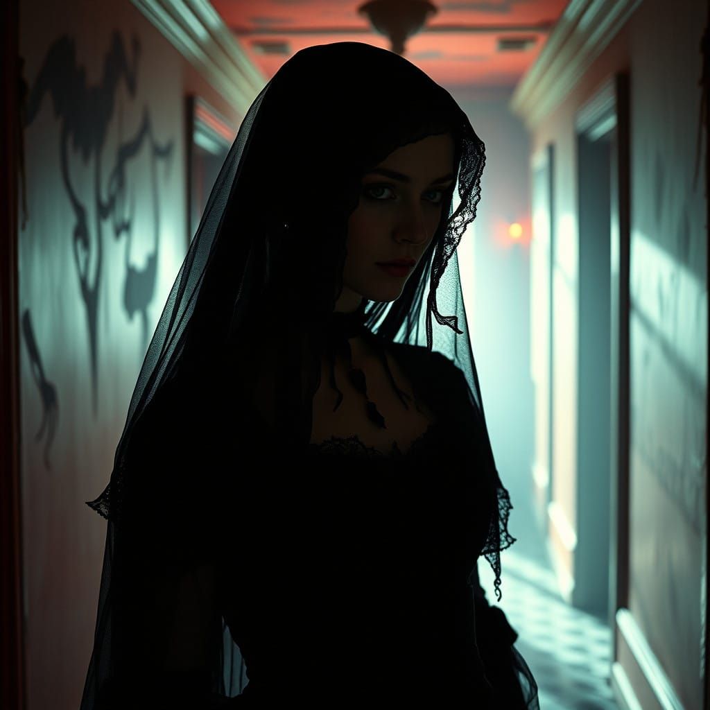 Gothic Victorian Lady Haunts Abandoned Mansion in Dark, Red-...