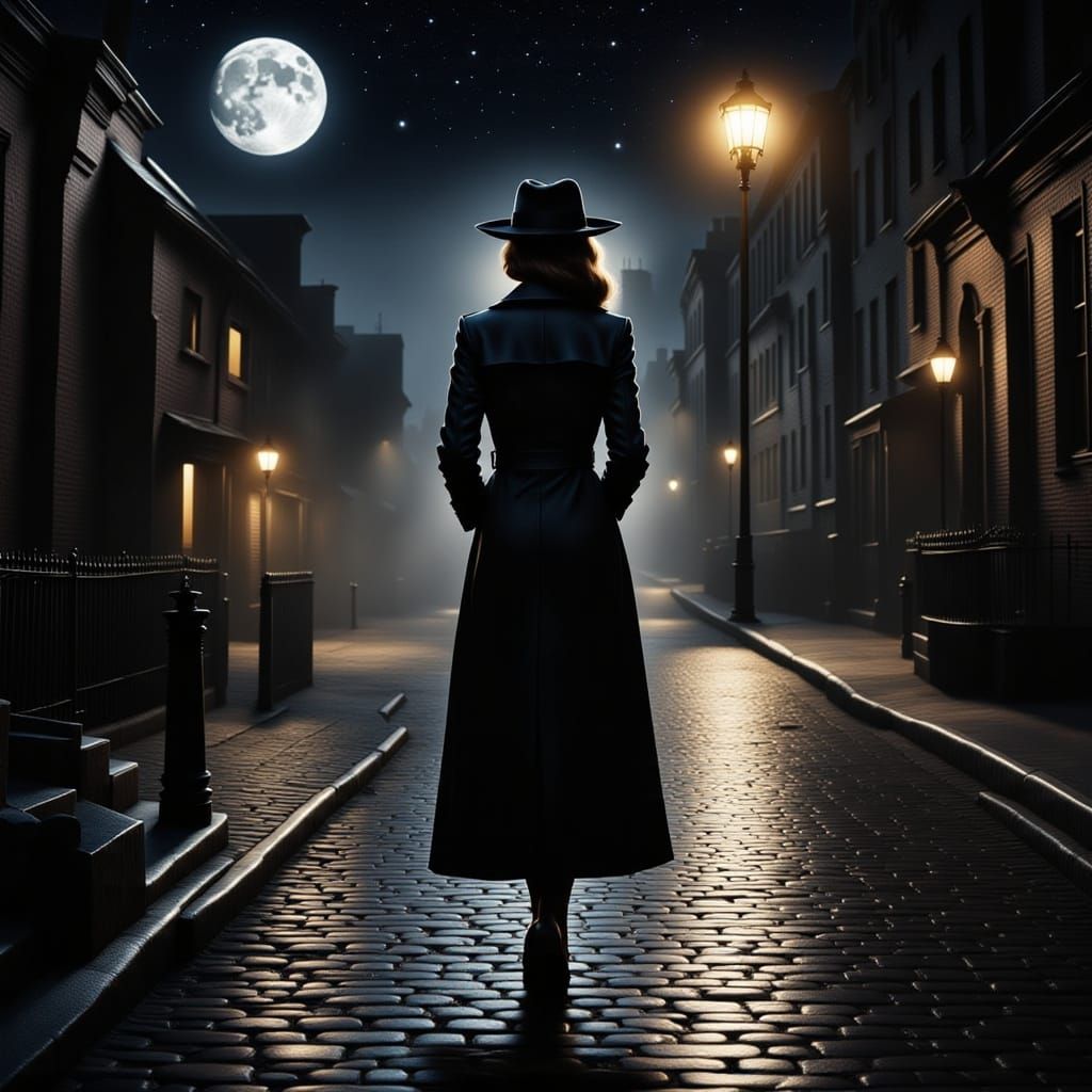 Film Noir Woman Walks City Street at Night