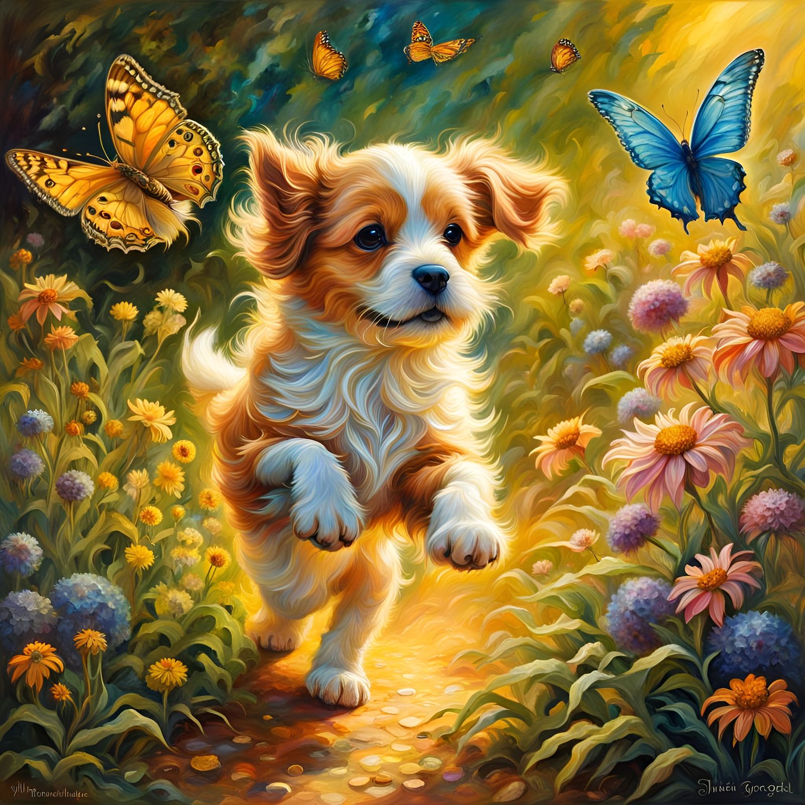 Cute Puppy Chasing Butterfly in Polychromatic Illustration