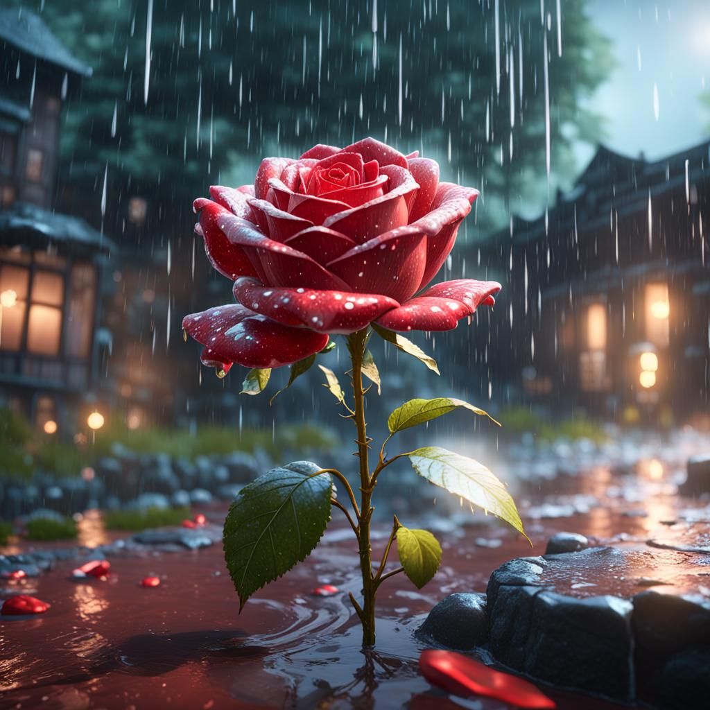 Red Crystal Rose Shining in Rain, 3D Render
