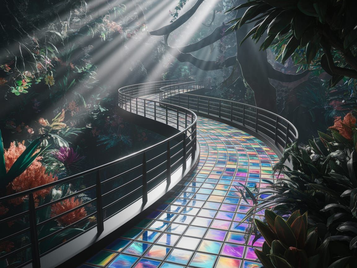 Vibrant Jungle Walkway in Neon-Lit Futuristic Style