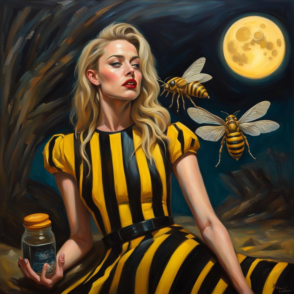Woman Kisses Hornet in Oil Painting