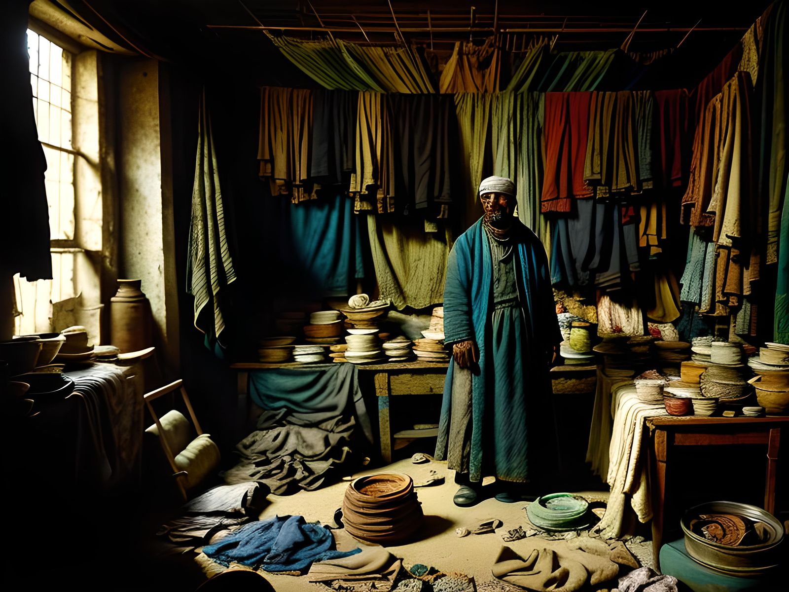 Destitute Merchant in Cluttered Stall: Oil Painting