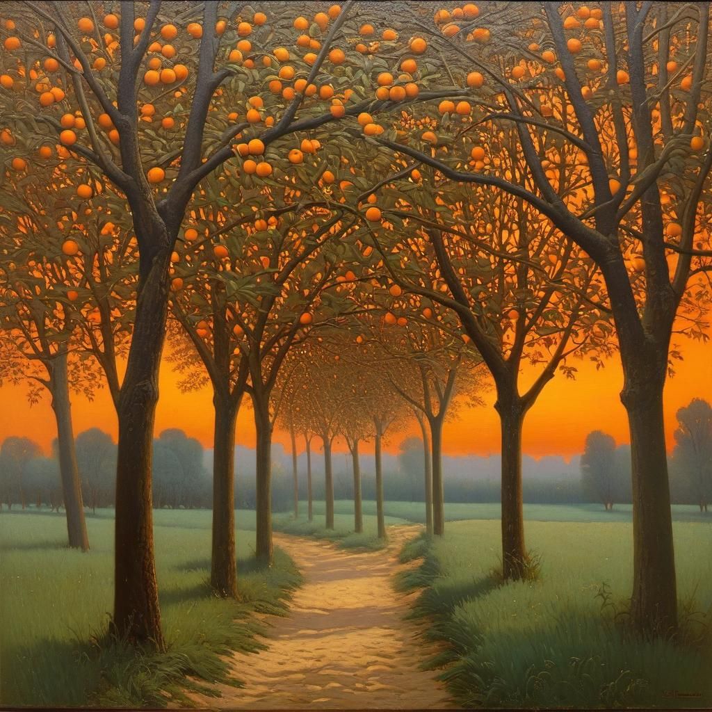 Tonalist Orchard: Orange Trees in Muted Light
