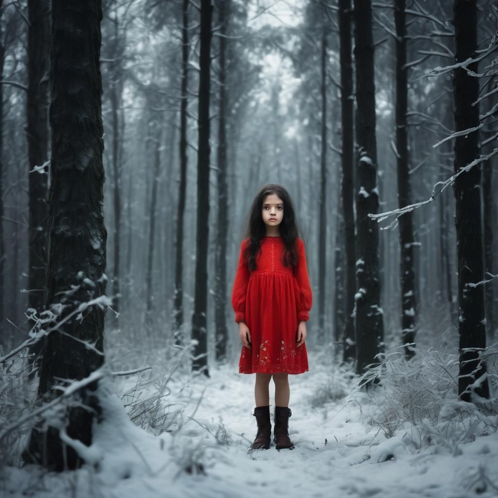 Girl in Red Dress in Winter Forest