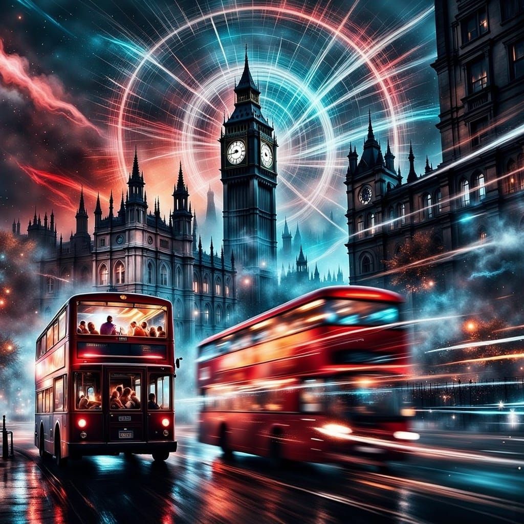 Neon Punk London: Red Bus in Metallic Chaos