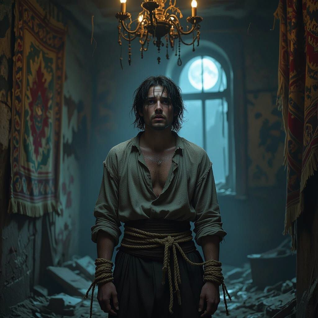 Elias in Decaying Room with Chandelier, Digital Art