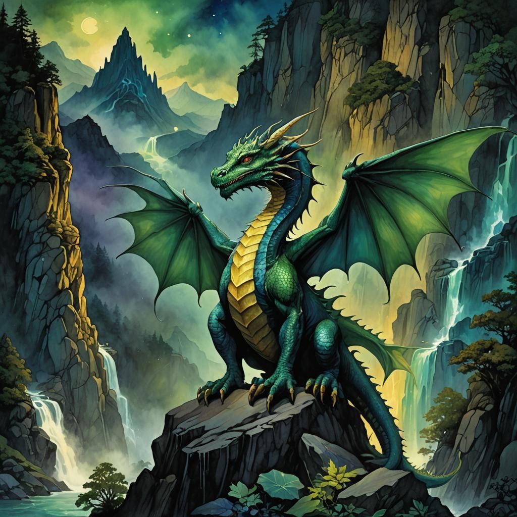Iridescent Dragon Silhouette in Surreal Fantasy Landscape