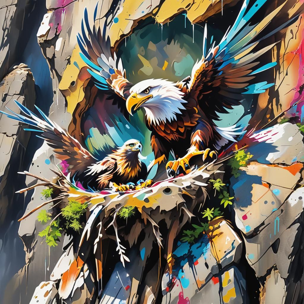 Eagle Family: Vibrant Street Art Cliffside Scene