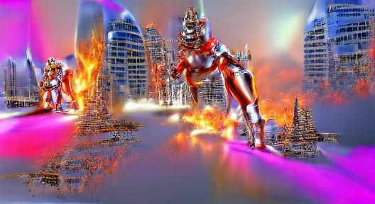 Cyberpunk Inframan Amidst Burning Cityscape
