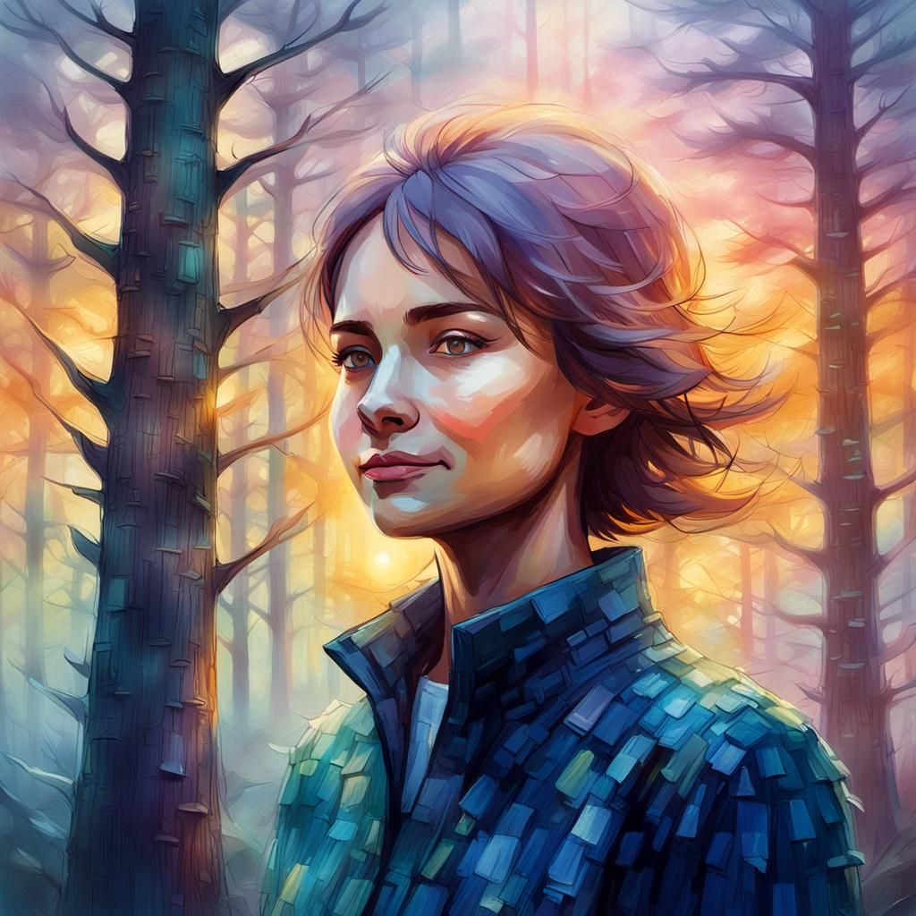 Impressionistic Portrait in Soft, Misty Forest