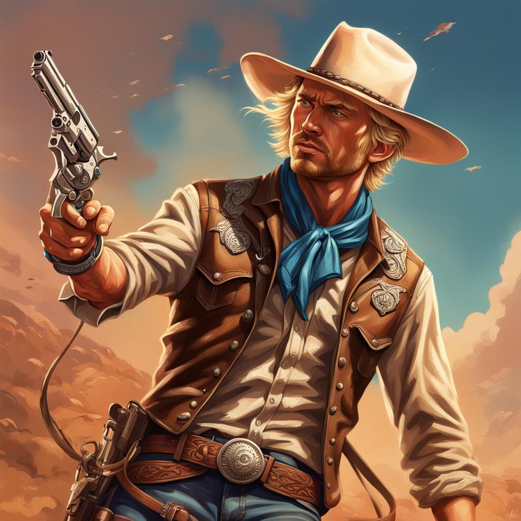 Hyperrealistic Cowboy with Revolvers and Lasso