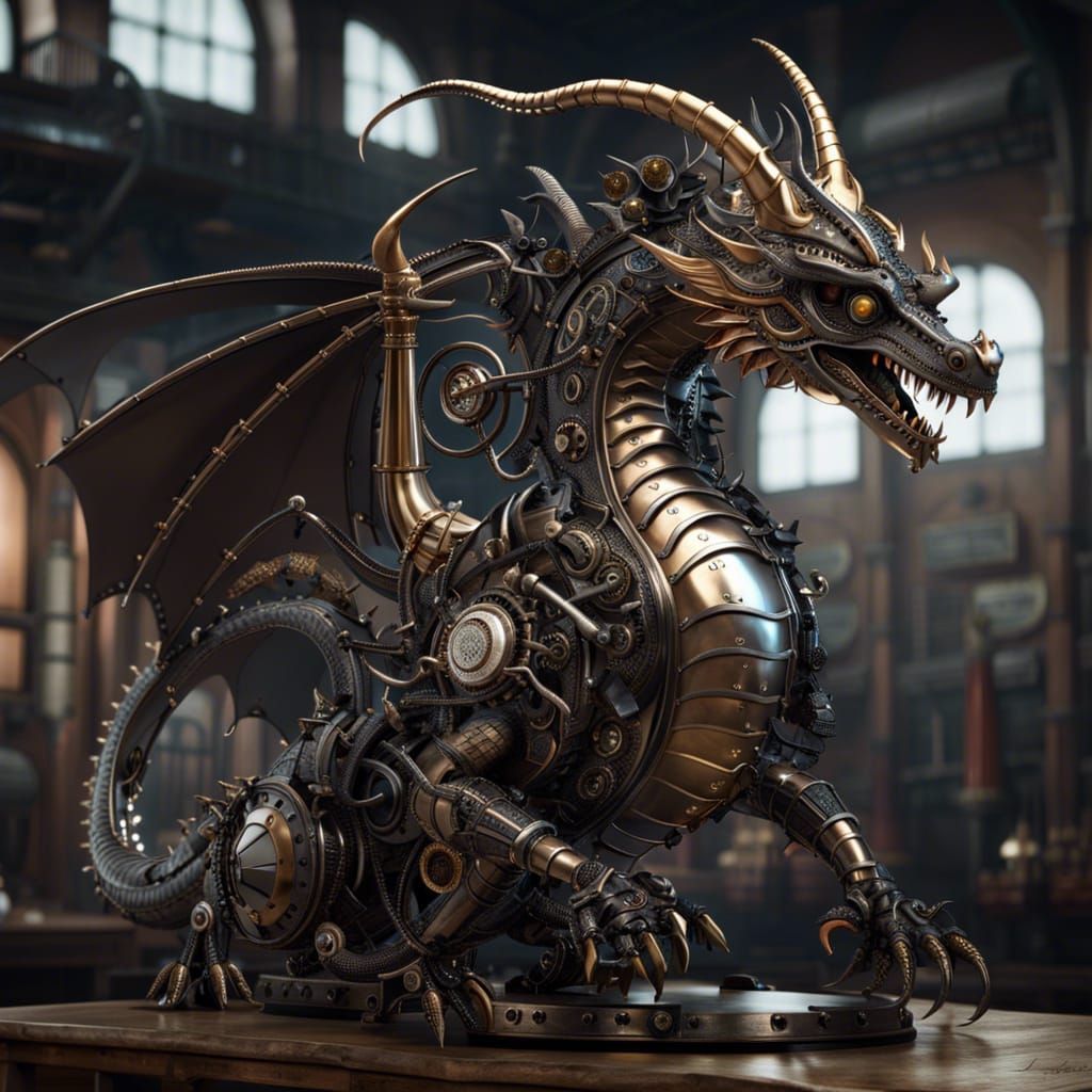 Steampunk Mechanical Dragon in Chrome and Black Metal