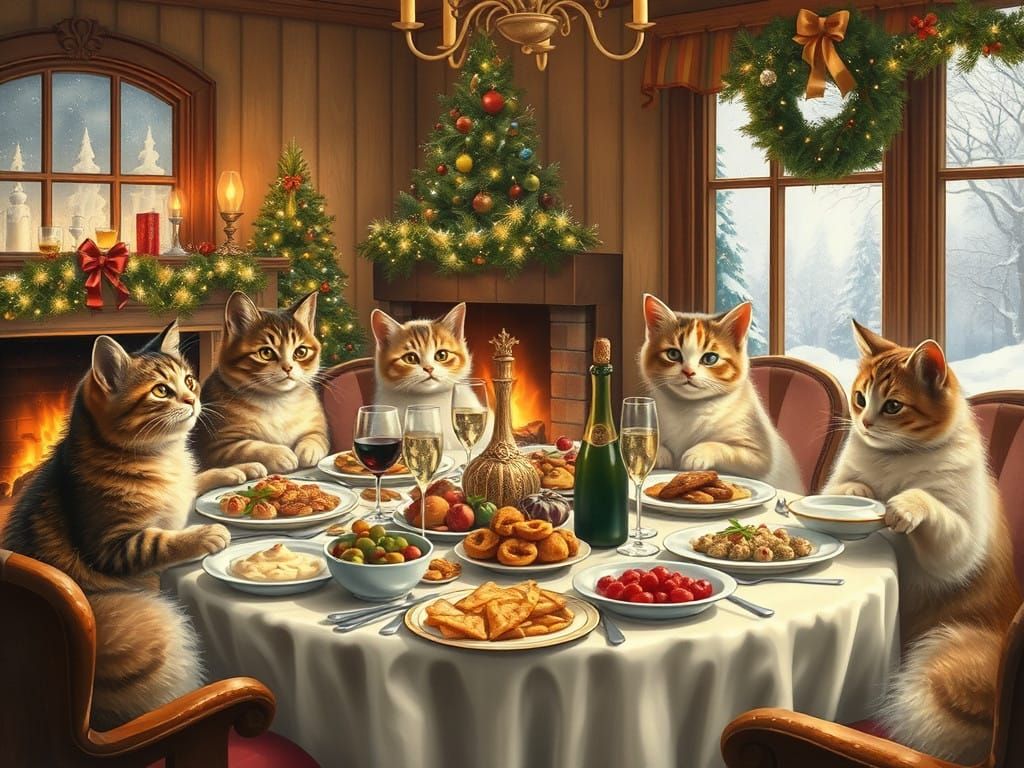 Feline Family Gathers for Cozy Winter Feast