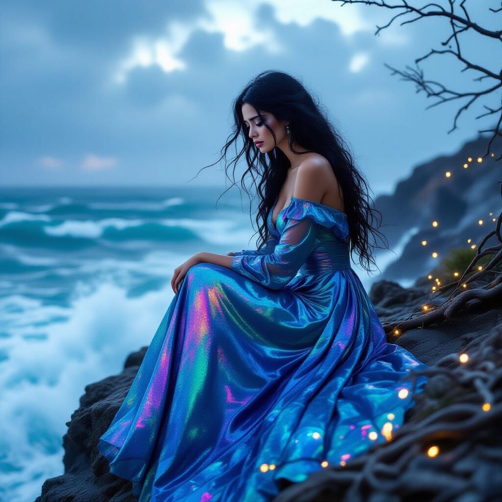 An emotional scene with a distressed, tearful beautiful mode...