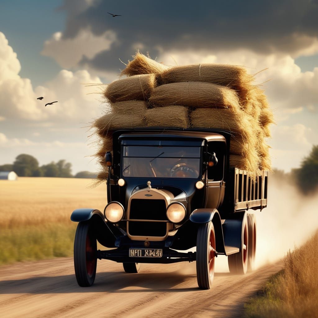 Model T Ford Truck Hauling Hay: Cinematic Oil Painting