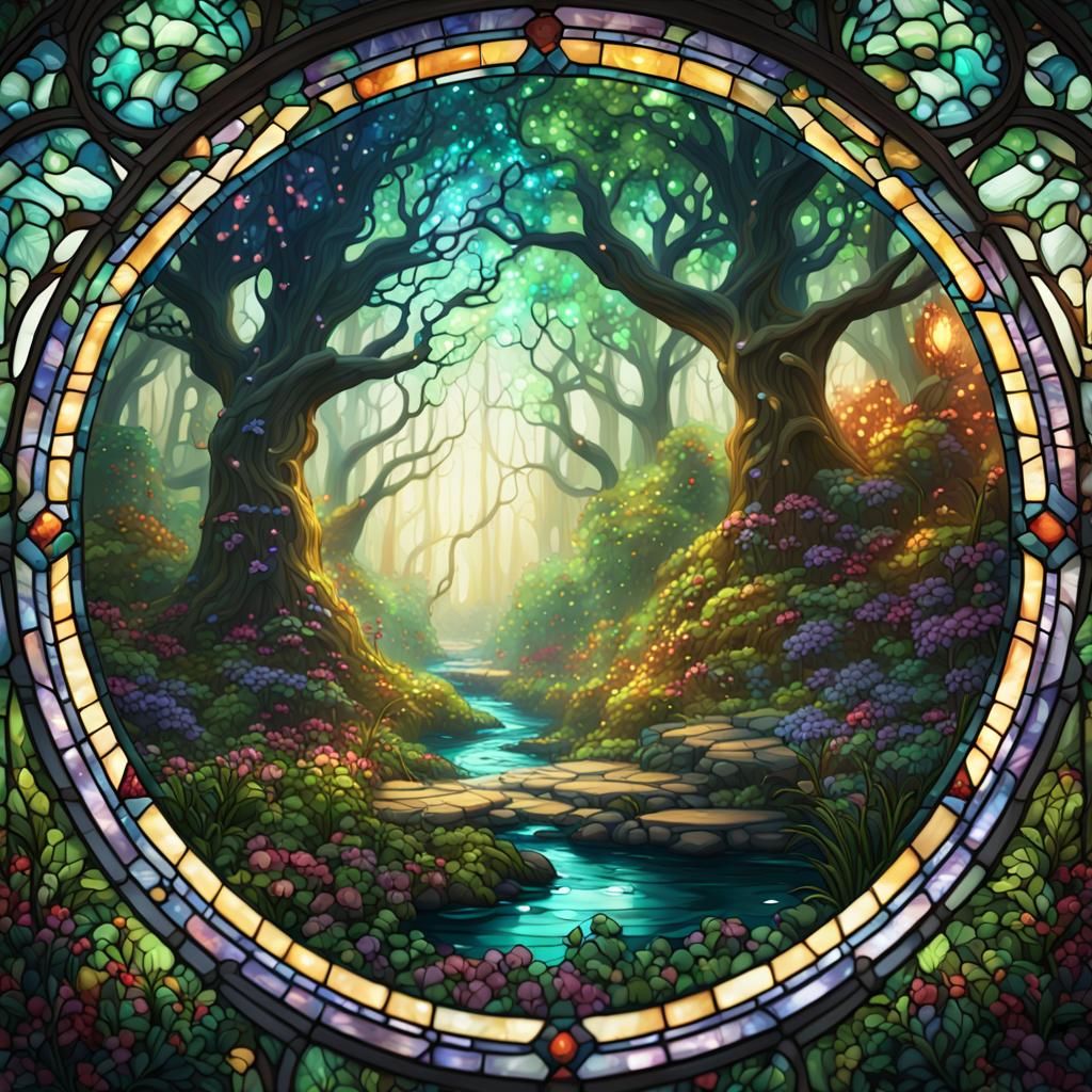 Enchanted Forest in Stained Glass Style