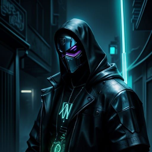 Cyberpunk Masked Figure with Neon Sword in Dark Alley