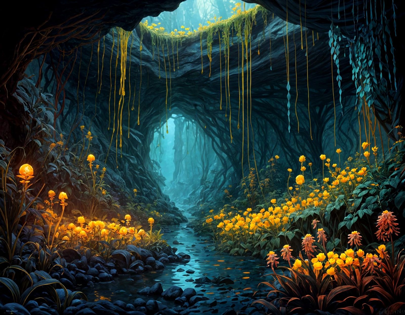 Vibrant Maximalist Cave Garden with Unusual Blooms and Biolu...