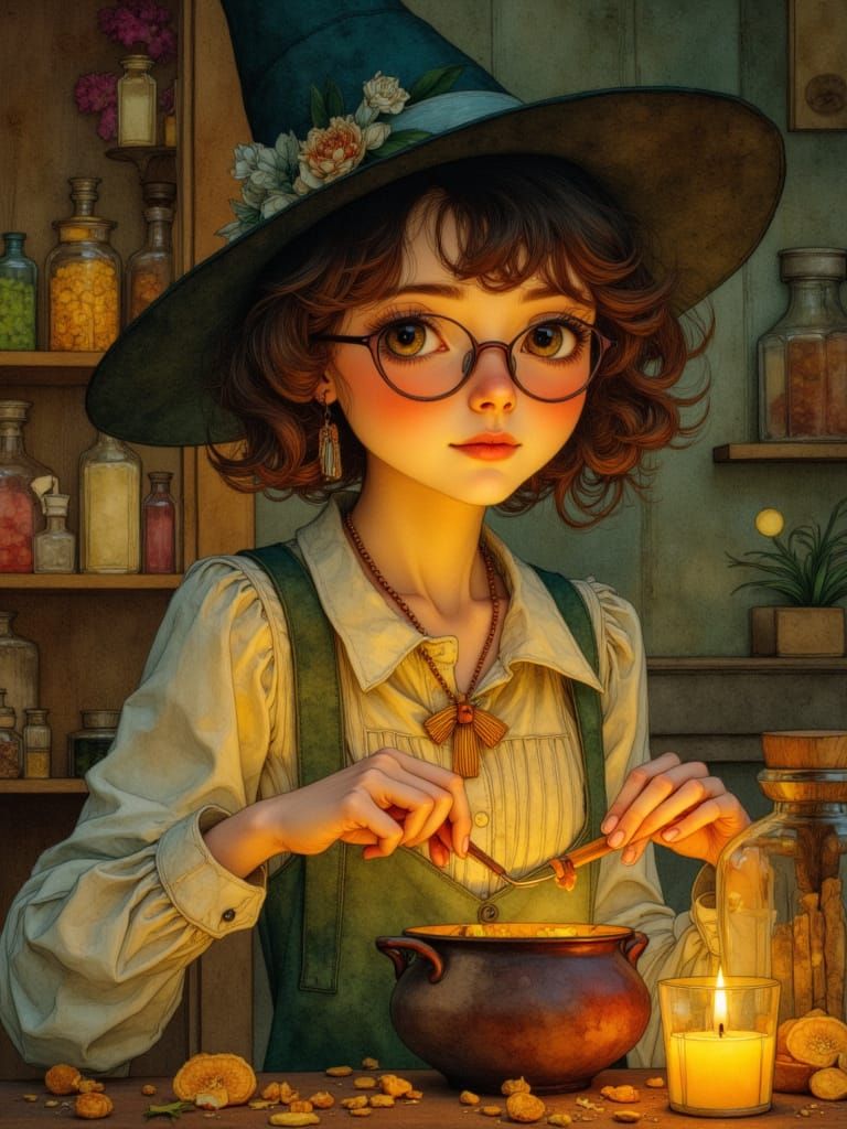 Anime Witch Girl Mixing Potions in Cozy Apothecary