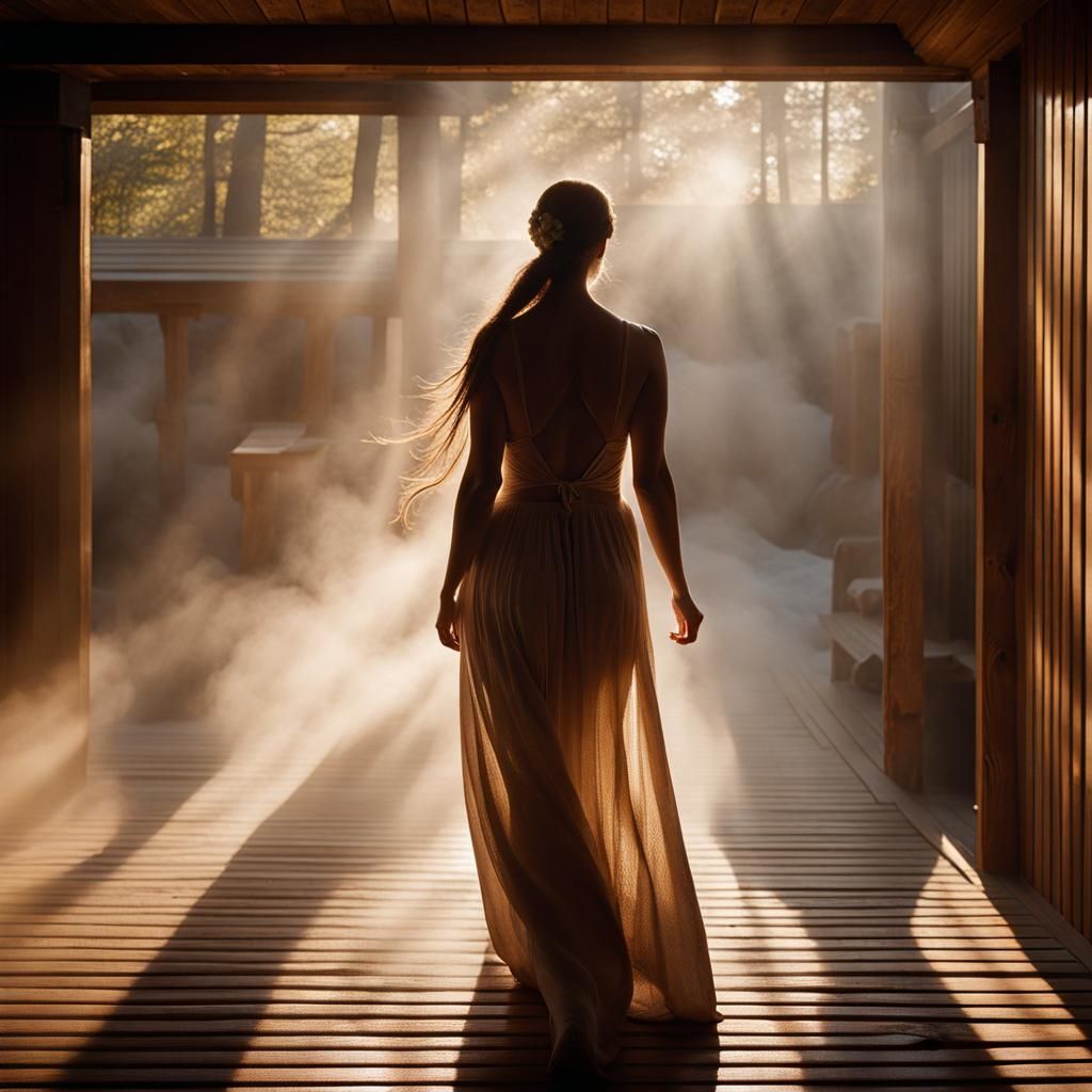 Cinematic Portrait: Woman Exiting Natural Sauna