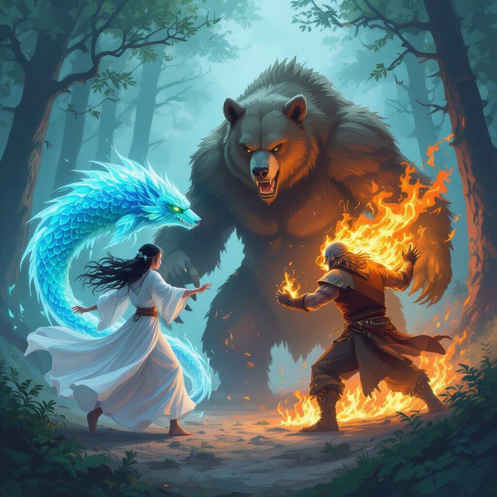 Elemental Spirits Clash with Cursed Bear