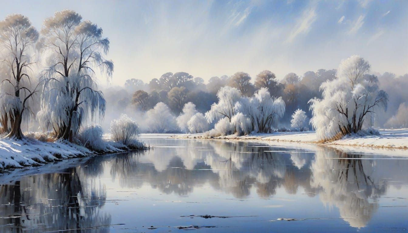 Frozen Winter Landscape with Willow Trees and Lake