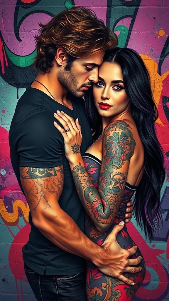 Couple Embracing in Hypnotic Graffiti Art